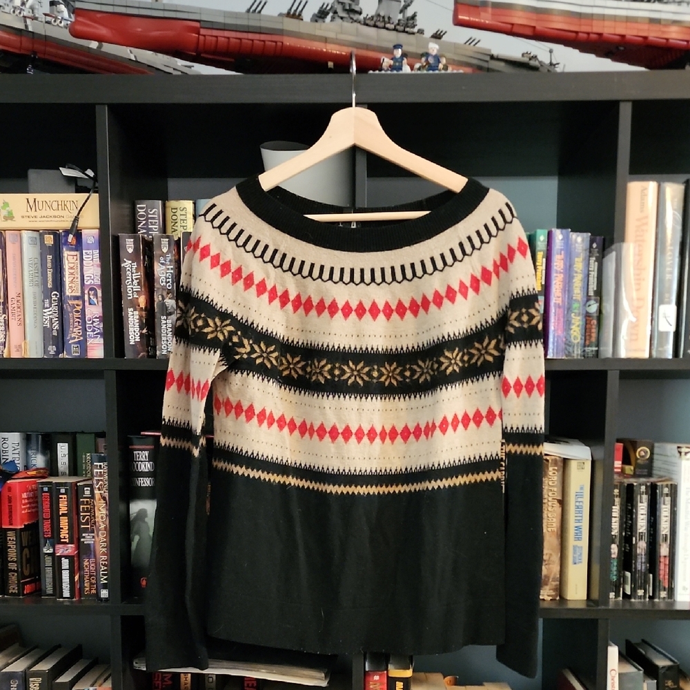 Talbots Fair Isle Crewneck Sweater in Black, Cream & Red